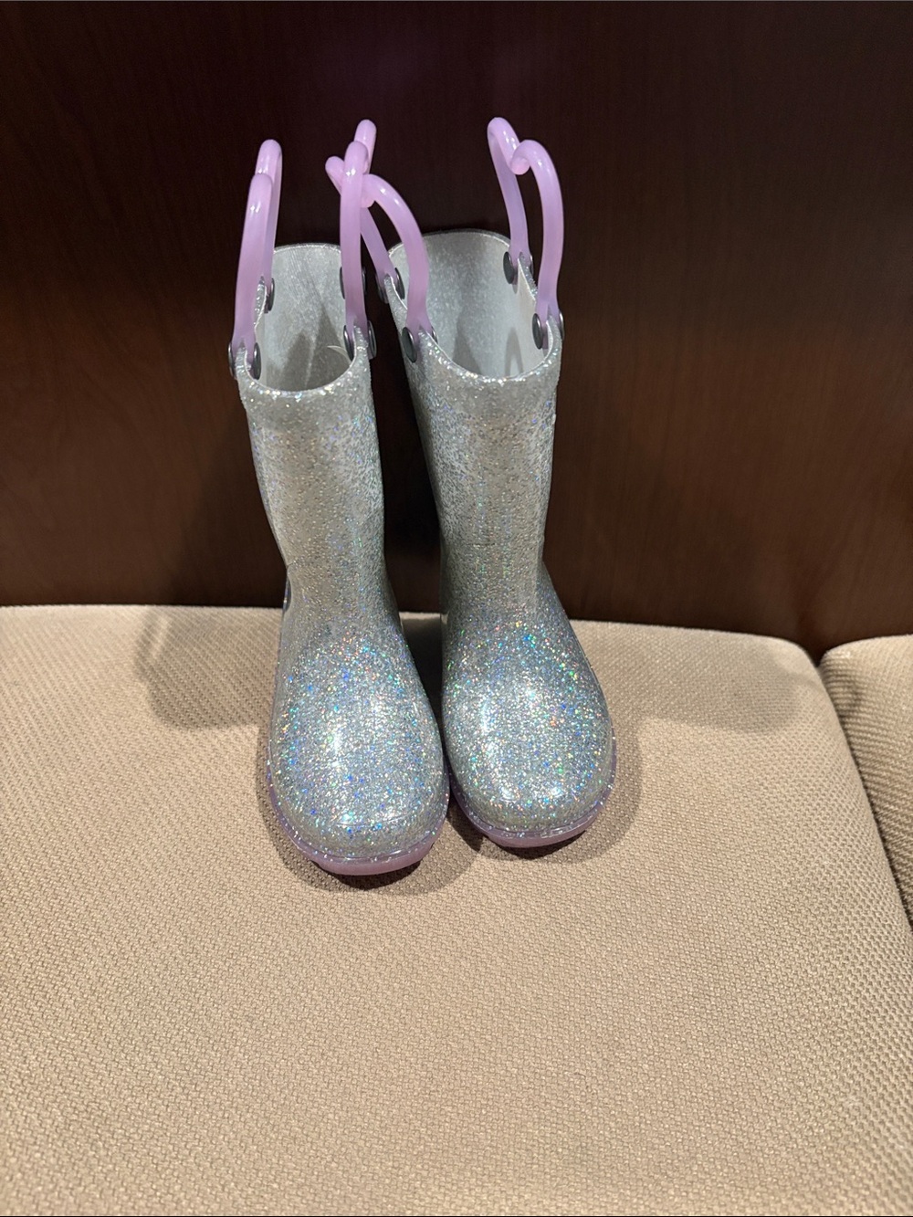 Western Chief Silver Glitter Kids Rain Boots with Lilac Handles